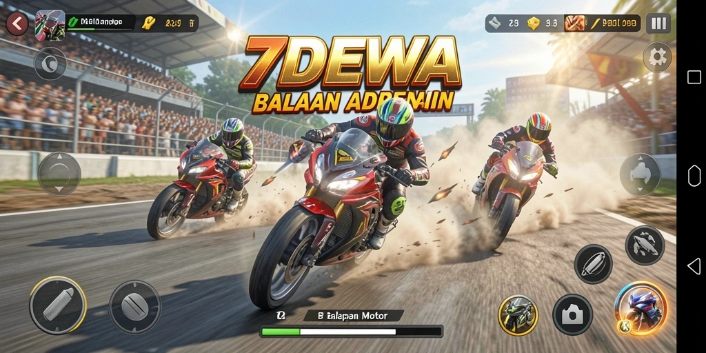 Gameplay 7DEWA dengan berbagai motor balap yang siap beraksi.