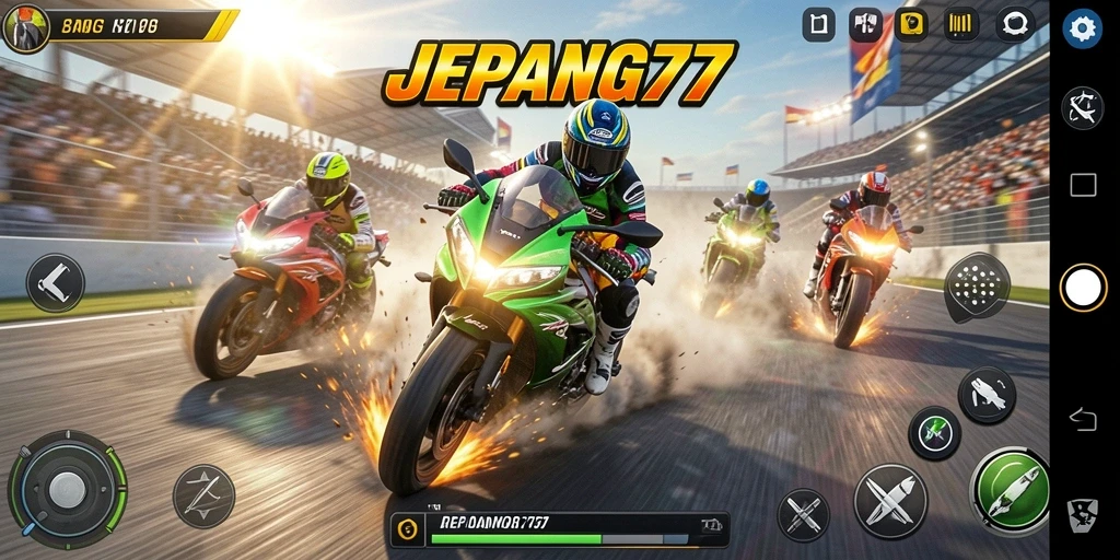 Screenshot JEPANG77 menampilkan balapan motor dengan aksi cepat dan grafik cemerlang.