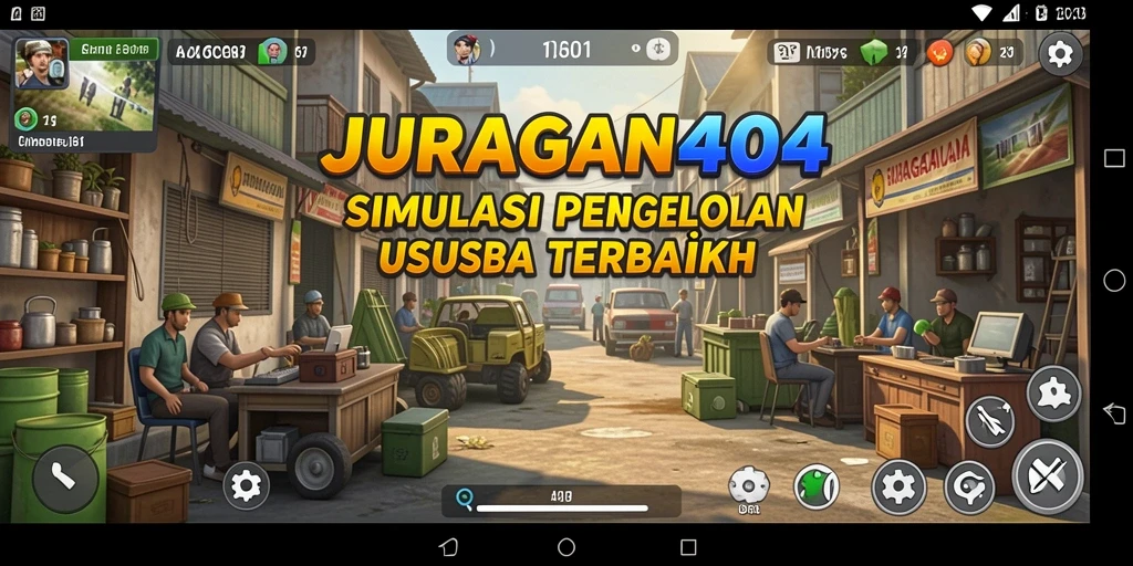 Tampilan gameplay menarik dari JURAGAN404 yang menampilkan aktivitas simulasi bisnis.