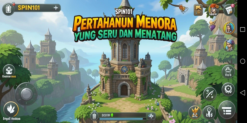 Screenshot gameplay SPIN101 yang menunjukkan strategi pertahanan menara.